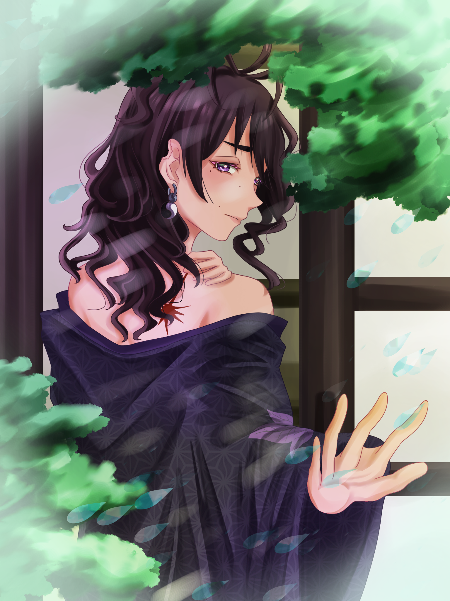 artwork of Yukie with their back partially facing the viewer. Their shooting star shaped scar is visible and they have a solemn expression.